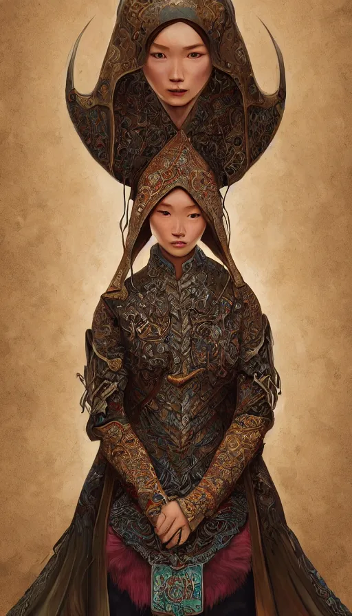 Image similar to hunter shafer, traditional mongolian clothing, fame of thrones, fibonacci, sweat drops, intricate fashion clothing, insane, intricate, highly detailed, surrealistic, digital painting, artstation, concept art, smooth, sharp focus, illustration, unreal engine 5, 8 k, art by artgerm and greg rutkowski and alphonse mucha