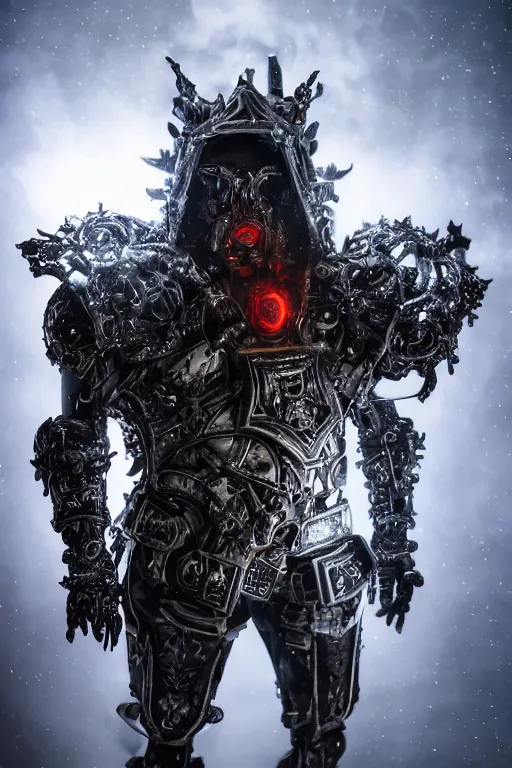 Image similar to a portrait of an ancient cybernetic lich king, dark sci - fi setting, shining chrome and leather, dynamic pose, decay, glowing red eyes, close - up, intricate details, intricately detailed clothing and textures, warm lighting, vivid colors, smoke and mist, hyper realistic octane render, volumetric shading, depth of field, raytracing, 8 k,