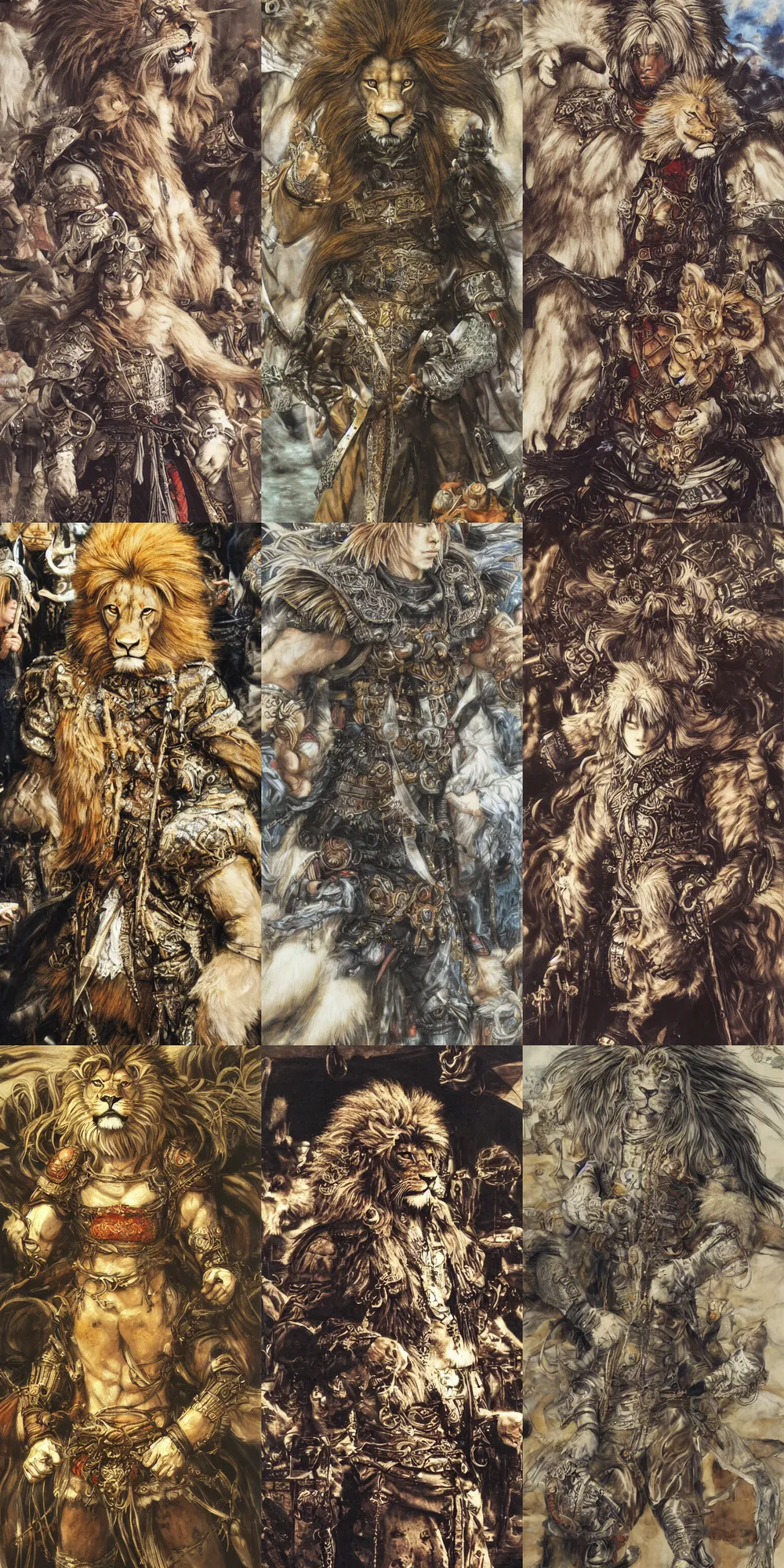 Image similar to 8 k yoshitaka amano painting of upper body of a young cool looking lion beastman with white mane at a medieval market at windy day. depth of field. he is wearing complex fantasy clothing. he has huge paws. renaissance style lighting.