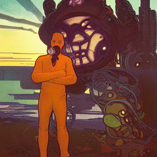 Image similar to unsettling rubbery mutant with thin lips and suspicious expression, wearing science fiction ss uniform by science fiction docks at sunset, by alphonse mucha, deak ferrand, simon stalenhag, and greg rutkowski