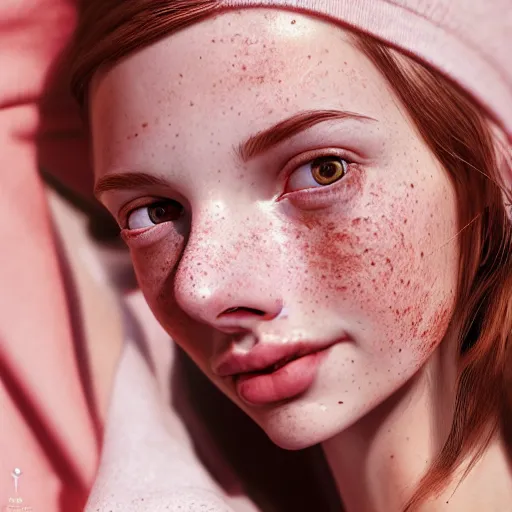 Image similar to portrait of a cute thin young woman, red blush, cute freckles, small smile, modern clothes, relaxing on the beach, cozy living room, close up shot, 8 k, art by irakli nadar, hyperrealism, hyperdetailed, ultra realistic