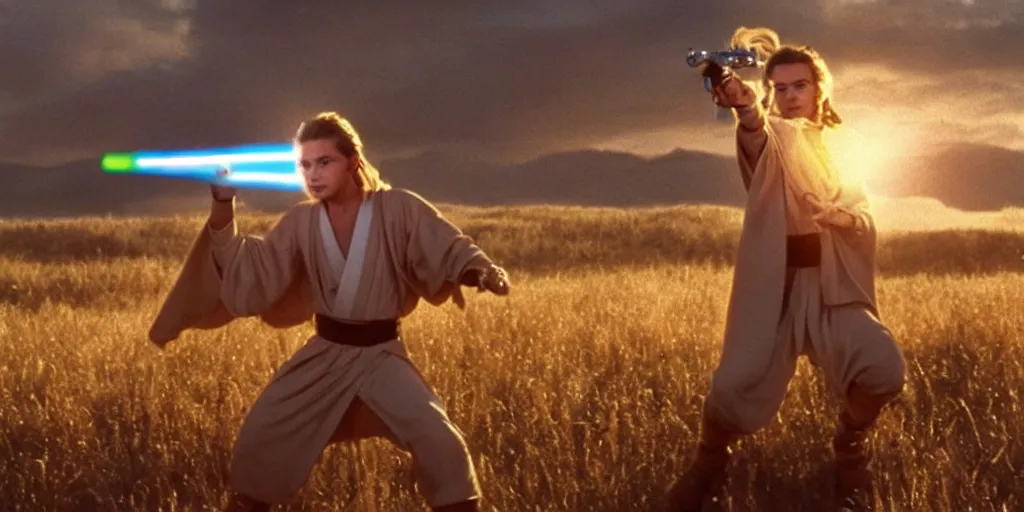 Image similar to !dream A full color still of a teenage blonde Jedi padawan holding the HILT of a lightsaber, at dusk!!!, at golden hour!!!, from The Phantom Menace, directed by Steven Spielberg, 1990