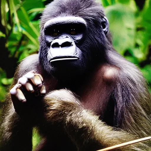 Image similar to UHD candid photo of King Kong playing drums in the jungle, with accurate face, UHD, photorealistic, correct face, real drum set, photo by Annie Leibowitz