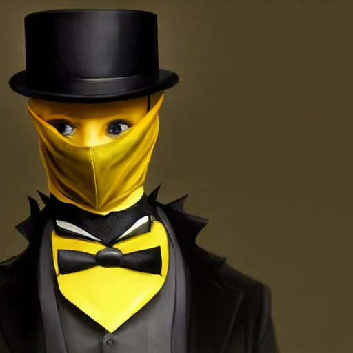 Image similar to a highly detailed portrait of a man in a high top hat covering his face, in a black tailcoat with a yellow waistcoat under the tailcoat, artstation, deviantart, professional, unreal engine 5, photorealistic