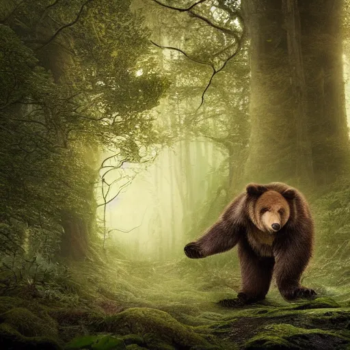 Prompt: a large bear-shaped lovecraftian monster running quickly through a woodland, magical forest, fantasy, Ireland, England, king Arthur, Lord of the rings, cinematic, realistic style, beautiful, majestic, dramatic lighting, early morning, dawn CGsociety, realistic, hyper maximalist, golden ratio, octane render, rule of thirds, wide shot , 8k resolution, epic volumetric light, cinematography, concept art, Artstation trending, environments, fantasy