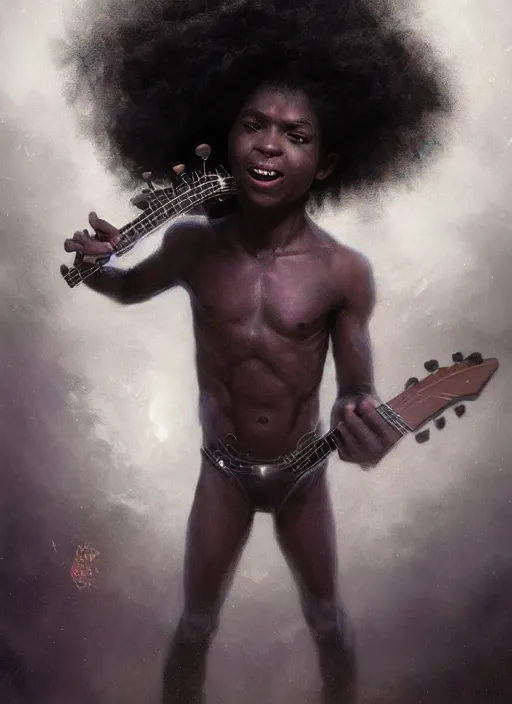 Prompt: fantasy changeling black kid with long curly hair playing electric guitar, between worlds, dim light, front game card, marvel comics, dark, intricate, highly detailed, smooth, artstation, digital illustration by ruan jia and mandy jurgens and artgerm and wayne barlowe and greg rutkowski and zdislav beksinski