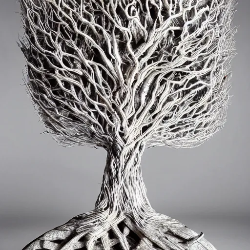 Image similar to a human man statue encased by a cosmic tree, a sense of awe, amazement, monogon, plasma display, wooden, silver, mercury, damascus, armature wire, multiscopy, morph, in a symbolic and meaningful style, insanely detailed and intricate, hypermaximalist, elegant, ornate, hyper realistic, super detailed,