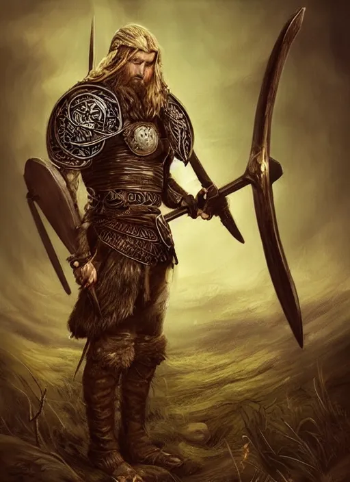 Image similar to aesthetic digital illustration of a kneeling viking warrior, by anne stokes | dirty and bloody, concept art, character concept, matte background. unreal engine, finalrender, centered, deviantart, artgerm