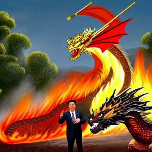 Image similar to Chinese president in epic stance fighting with dragon on flaming mountain, bananas weapon, painting, epic