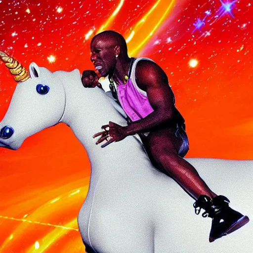 Prompt: “DMX riding a unicorn in space”