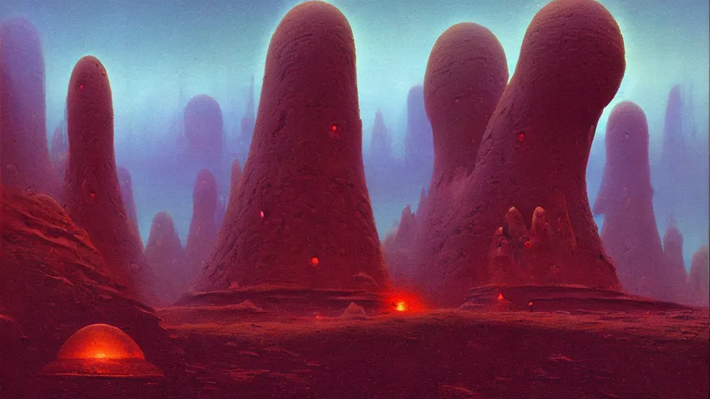 Prompt: mysterious monuments of an alien civilization by paul lehr and john schoenherr, cinematic matte painting