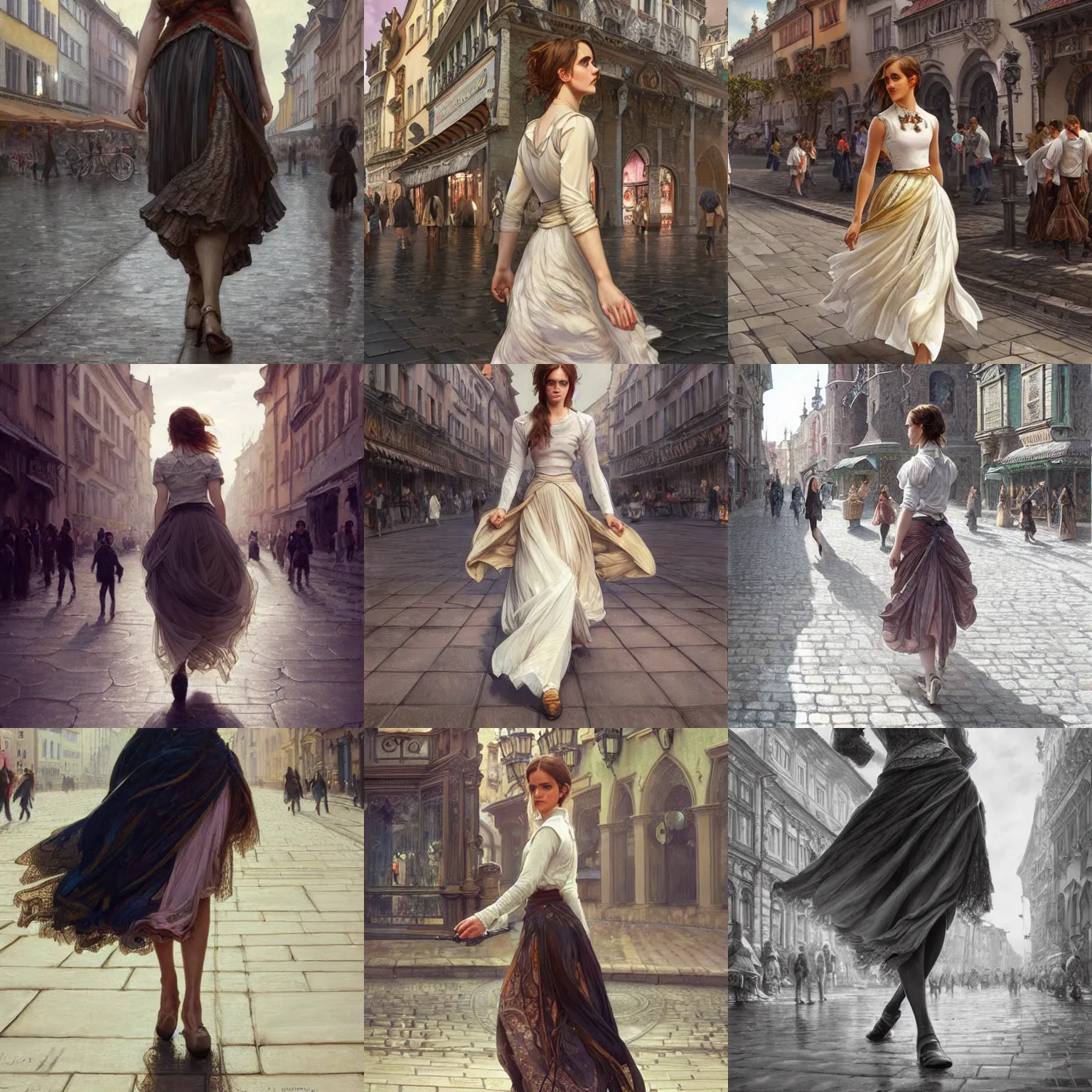 Prompt: ultra realistic illustration, emma watson in skirt walking through the streets of cracow, intricate, elegant, highly detailed, digital painting, artstation, concept art, smooth, sharp focus, illustration, art by artgerm and greg rutkowski and alphonse mucha