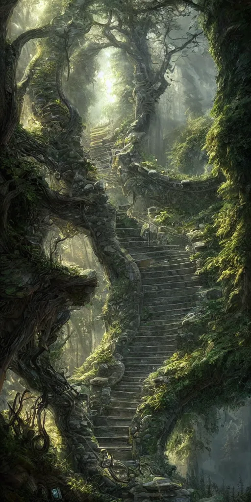 Prompt: a man walking up a steep and winding staircase, in magical woods, intricate, elegant, highly detailed, unreal engine, artstation, concept art, sharp focus, beautiful illustration, society, by justin gerard and artgerm, 8 k