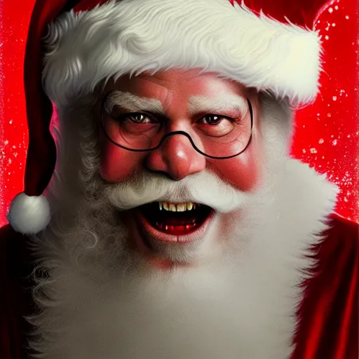 Prompt: frontal upper view of evil santa claus, serious expression, cream colored clothes robe, no red in clothes, red grinning mouth, cream colored background, fine art, award winning, intricate, elegant, sharp focus, cinematic lighting, digital painting, 8 k concept art, by michael hussar and greg manchess and brom and z. w. gu, 8 k