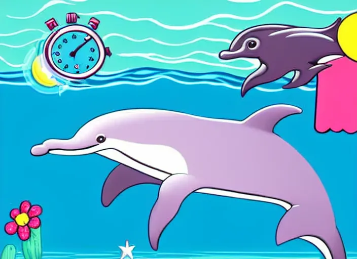 Prompt: professional 1980s airbrush illustration of a cheeky time-travelling dolphin wearing a powder wig floating above a swimming pool