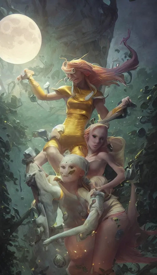 Prompt: epic masterpiece adventure time, hyperrealistic, octane render, cinematic, night, moon, beautiful face and flawless skin, perfect hands, 5 fingers, by Edgar Maxence and Ross Tran and Michael Whelan, Lorenzo Sperlonga Legends of Runeterra