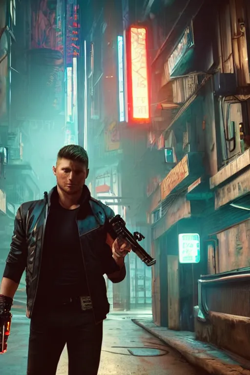 Prompt: a detailed full bodied 3 d render of an extremely handsome jensen ackles as time traveler walking down a dark alley in cyberpunk 2 0 7 7, holding a milkor mgl grenade launcher, aetherpunk, volumetric lighting, octane render, 8 k, art by greg rutkowski and albert bierstadt and alphones mucha