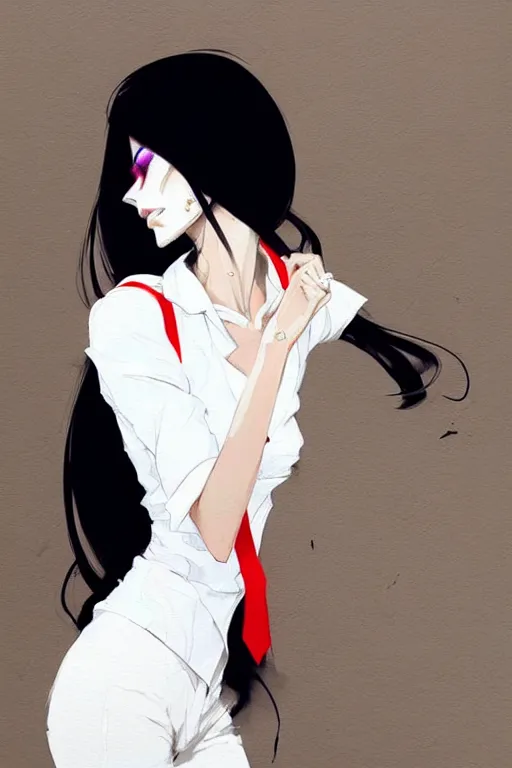 Image similar to a ultradetailed beautiful panting of a stylish woman, she is wearing a white shirt with a tie and black pants, by conrad roset, greg rutkowski and makoto shinkai trending on artstation