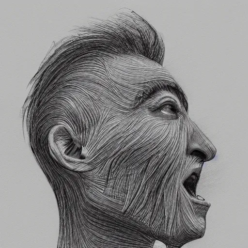 Image similar to highly detailed pencil sketch of a person's head cracking open on the top, lots of long strings grow out of it. the person seems happy