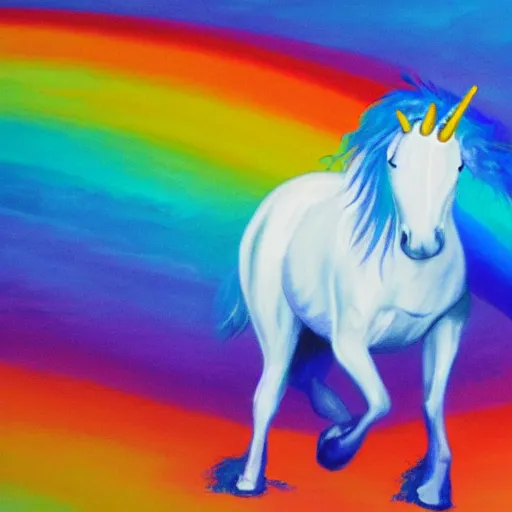 Prompt: a cinematic image of an unicorn walking on a rainbow low saturation Matt painting