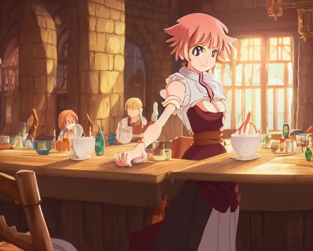 Image similar to anime visual, portrait of a young female traveler in a busy fantasy medieval tavern interior, cute face by yoh yoshinari, seven deadly sins anime, studio lighting, dynamic pose, dynamic perspective, strong silhouette, anime cels, cel shaded, slayers, in focus, rounded eyes