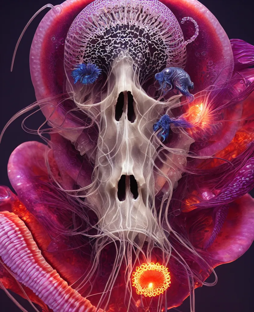 Image similar to goddess close-up portrait animal skull. jellyfish phoenix head, nautilus, orchid, skull, betta fish, bioluminiscent creatures, intricate artwork by Tooth Wu and wlop and beeple. octane render, trending on artstation, greg rutkowski very coherent symmetrical artwork. cinematic, hyper realism, high detail, octane render, 8k