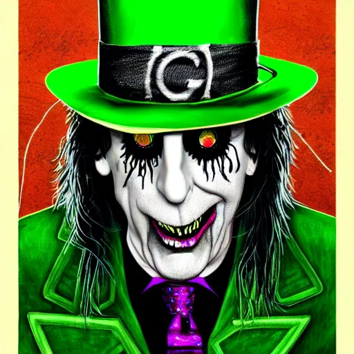 Image similar to graphic illustration, creative design, alice cooper as the riddler, biopunk, francis bacon, highly detailed, hunter s thompson, concept art