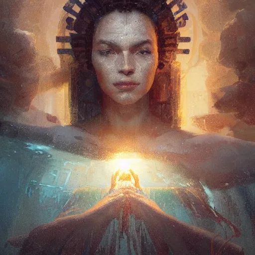 Prompt: portrait of beautiful priestess in ancient atlantis by greg rutkowski