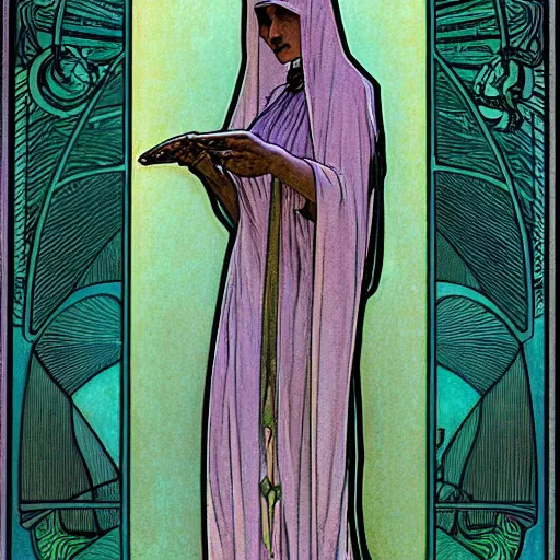 Prompt: A beautiful portrait of a skeleton nun in moebius style byAlphonse Mucha