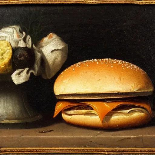 Image similar to hamburger and french fried in still life. dutch masters, 1 8 th century, oil on canvas