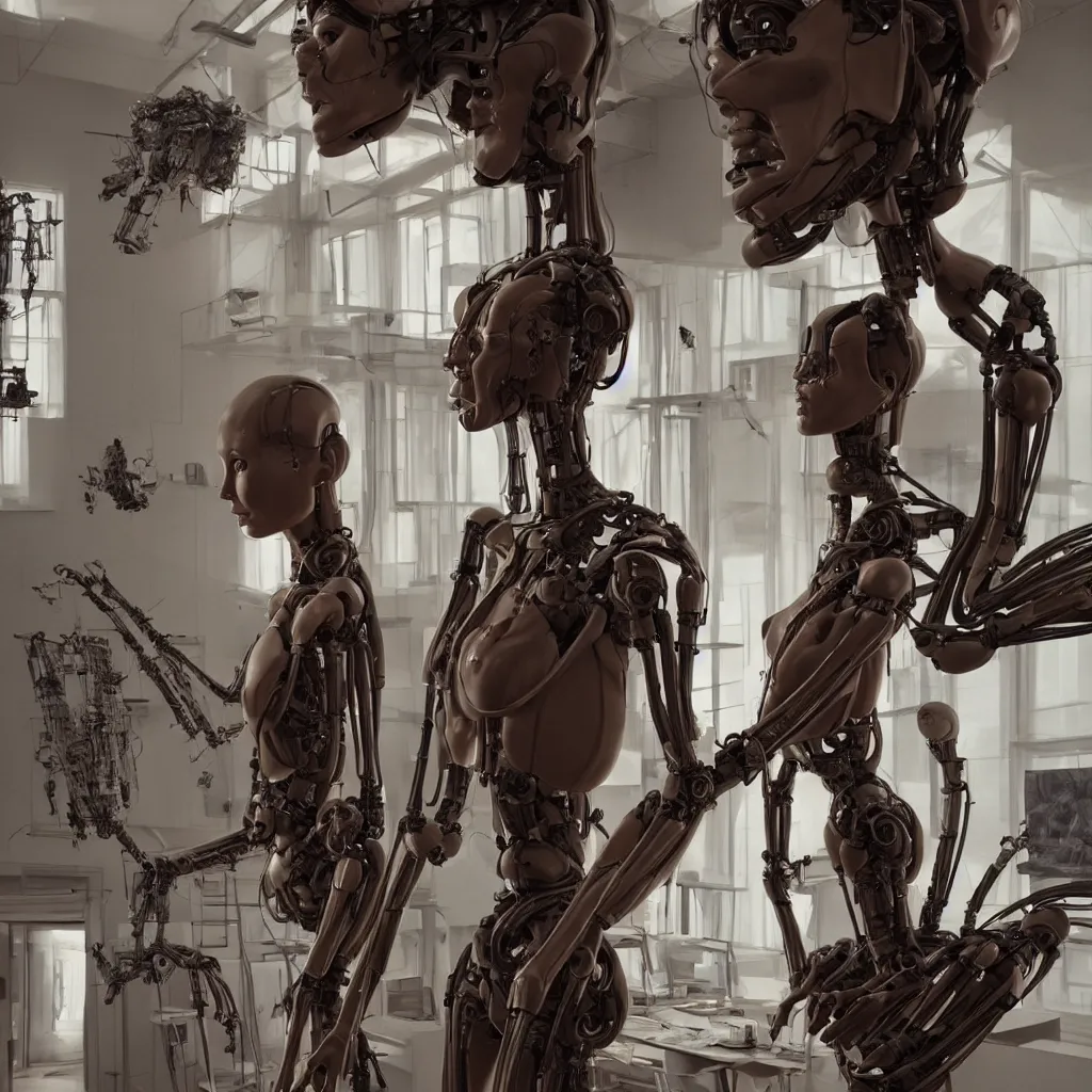 Image similar to extremely detailed cinematic movie still medium shot of supermodel girl artist working in her studio with human like robot hyperreal skin face by denis villeneuve, wayne barlowe, simon birch, marc simonetti, philippe druillet, beeple, alex grey bright volumetric sunlight, rich moody colors, bokeh