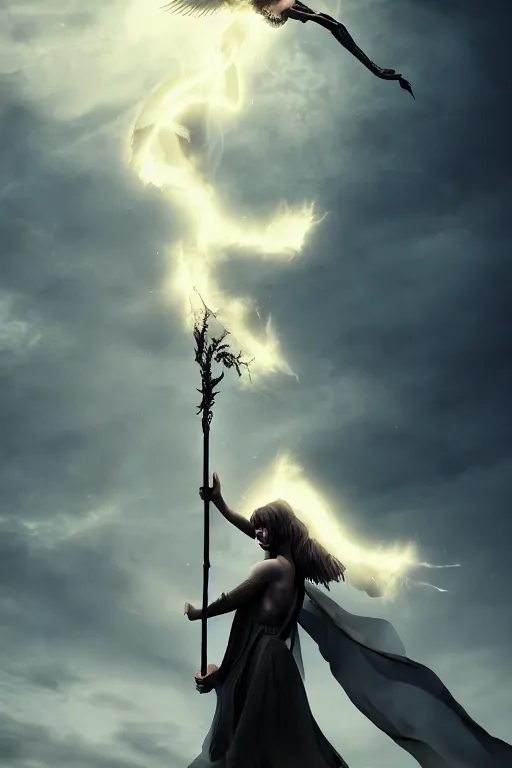 Prompt: beautiful woman with black angelic wings holding a magical staff, falling from the sky, cinematic lighting, dramatic atmosphere, 4k resolution, trending on artstation