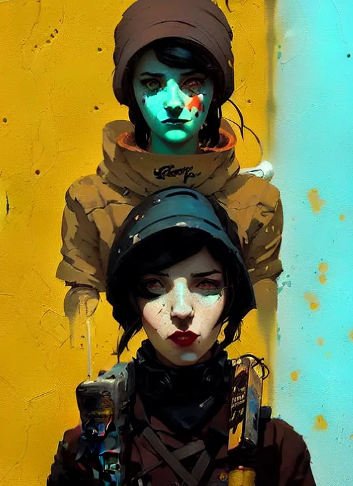 Prompt: highly detailed portrait of a moody sewerpunk young adult lady by atey ghailan, by greg rutkowski, by greg, tocchini, by james gilleard, by joe fenton, by kaethe butcher, gradient yellow, black, brown and cyan color scheme, grunge aesthetic!!! ( ( graffiti tag city background ) )