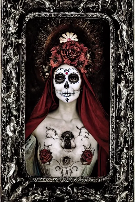 Image similar to calotype virgin mary in dia de muertos dress and make up, horrific beautiful vibe, evocative, atmospheric lighting, painted, intricate, highly detailed, leesha hannigan, wayne haag, reyna rochin, ignacio fernandez rios, mark ryden, iris van herpen, stunning, gorgeous, sharp focus, cinematic, masterpiece