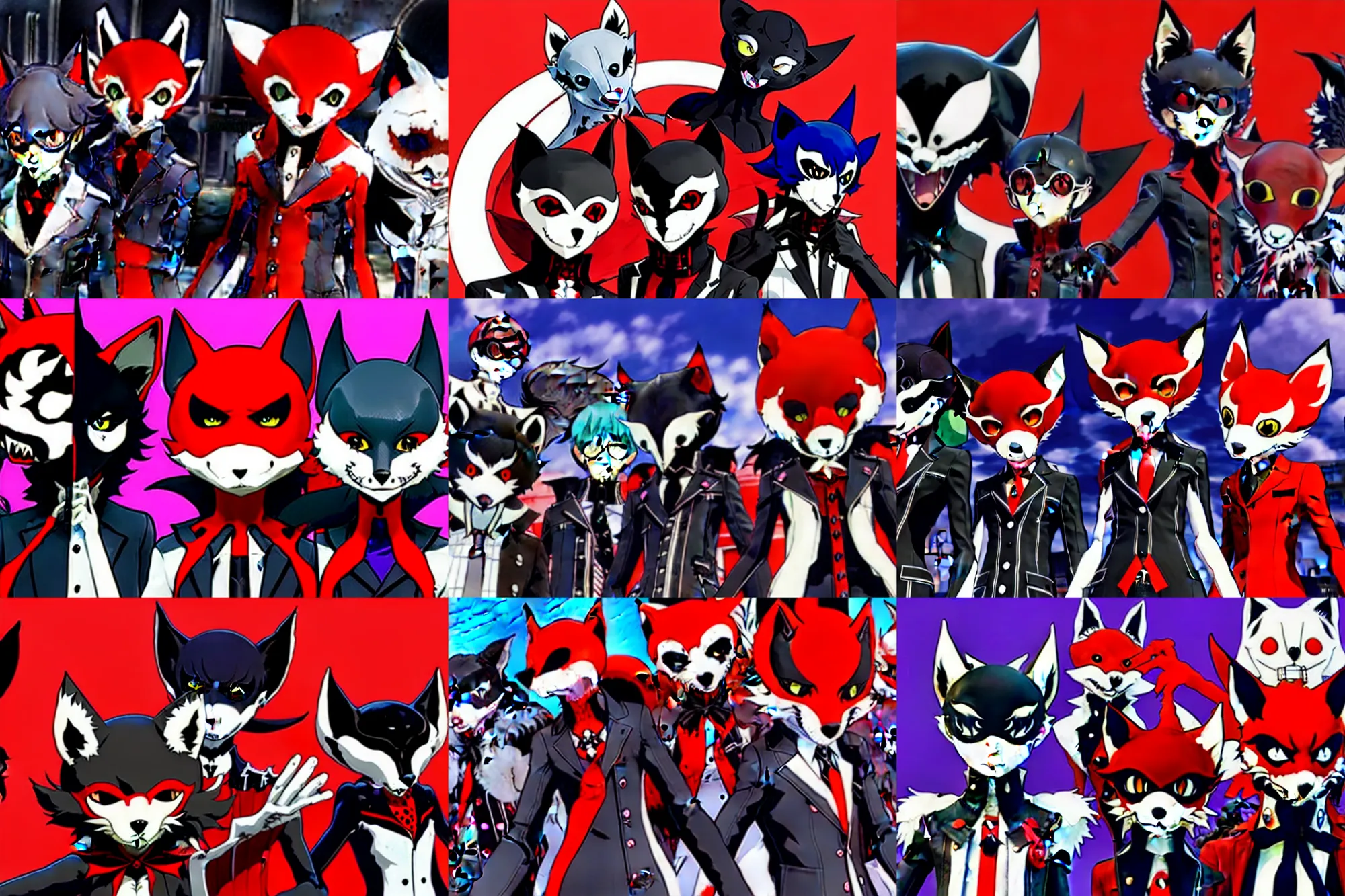 Prompt: the phantom thieves from persona 5 ( by atlus ), featuring : a furry fox fursona, a furry weasel fursona, and a furry catbat fursona