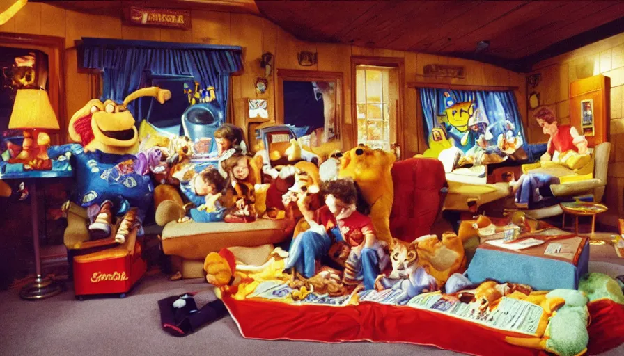 Image similar to 1990s photo of inside the Garfield's Wild Dream ride at Universal Studios in Orlando, Florida, children riding a box with a blanket, with Garfield the cartoon cat, through a living room filled lasagna, coffee cups, and lava lamps, cinematic, UHD
