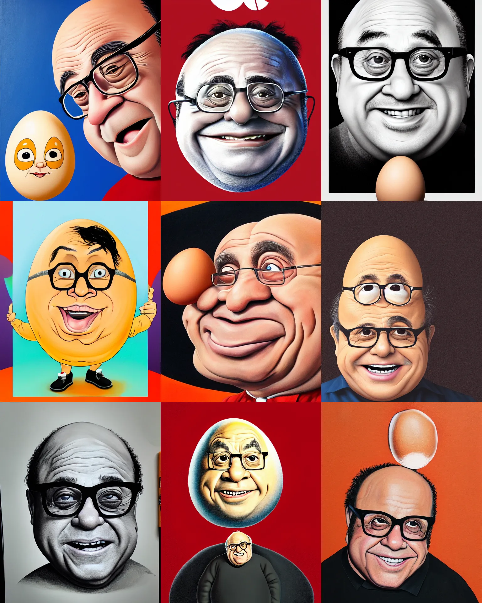 Prompt: painting portrait of danny devito as an egg, his skin is white cartoon, warm lighting, danny devito egg, movie poster, illustration by bartek fedyczak, erak note, tooth wu, neil richards, kan liu, siwoo kim, jisu choe, trending on art station