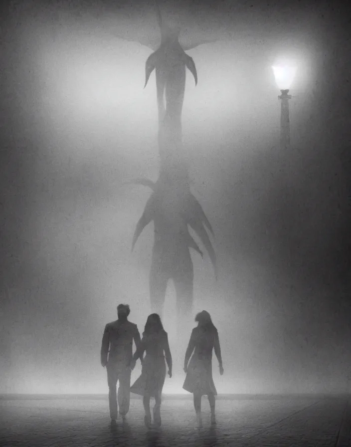 Image similar to very low - resolution found footage of a couple escaping in the city from a starfish kaiju monster, fog, foggy, korean film noir, monochrome, red hue, thriller, underdeveloped, epic, dramatic