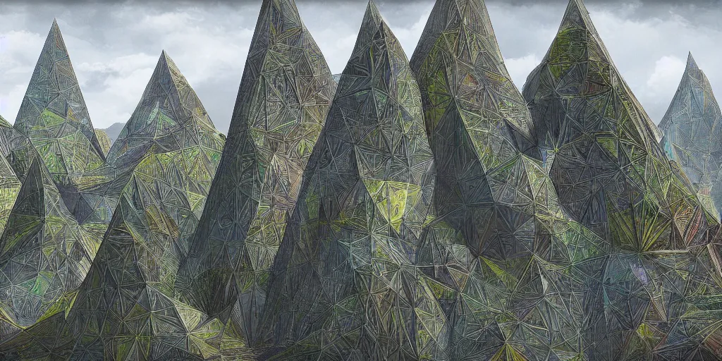Prompt: triangular brutalistic buildings in a vibrant natural landscape, fractal, algorithmic, masterpiece, concept art