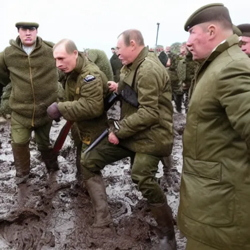 Prompt: Russian army infantry soldiers, with Vladimir Putin, stuck in mud, dirty, despair, raining