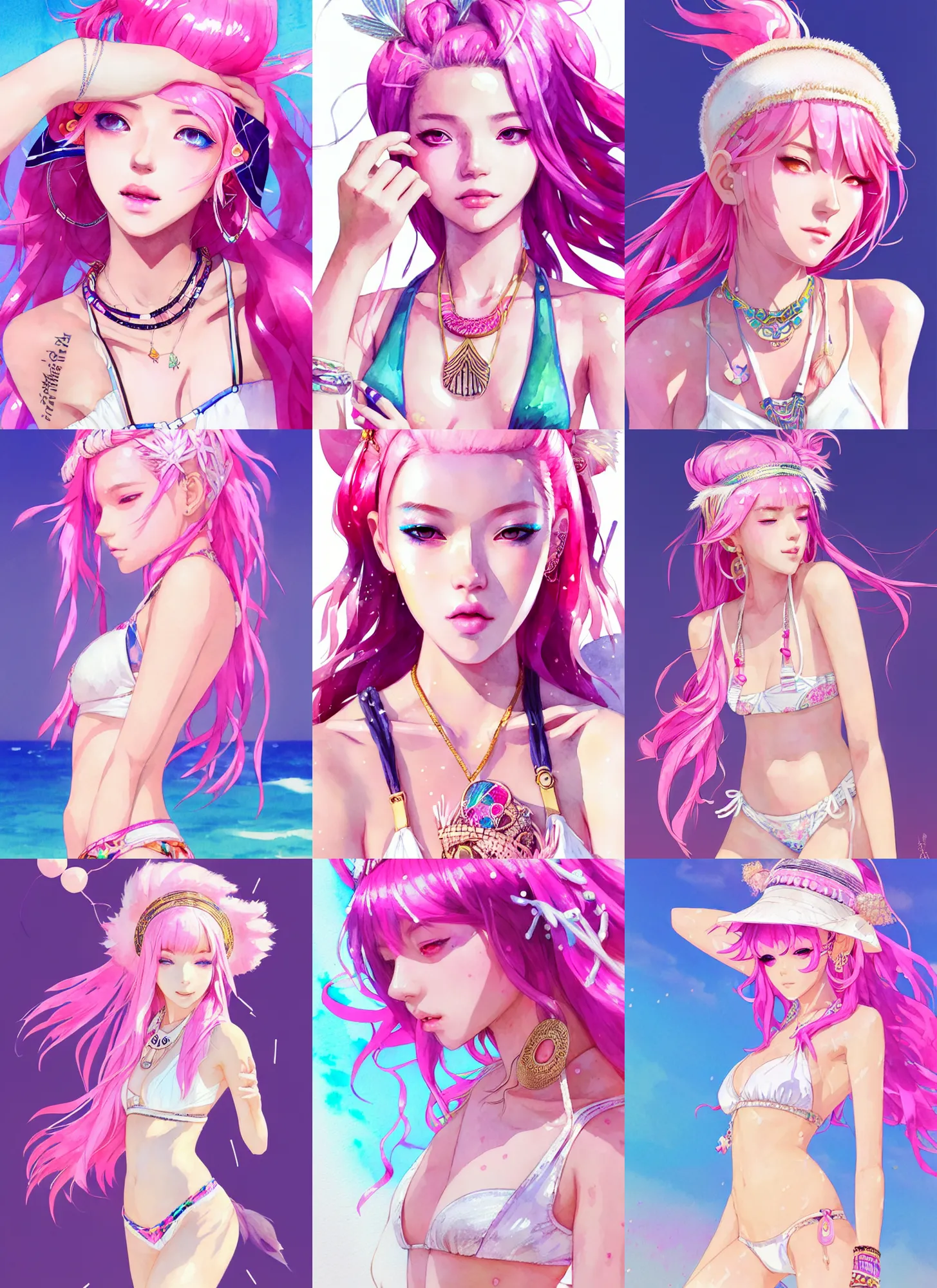 Prompt: portrait of a beautiful girl with pink hair with boho accessories, in white reflective bikini at beach, symmetry face, top lighting, cute - fine - face, ( watercolor ), kda ahri, art by hidari and krenz and wenjun lin and starember and kuvshinov ilya and kidmo and rossdraws and artgerm
