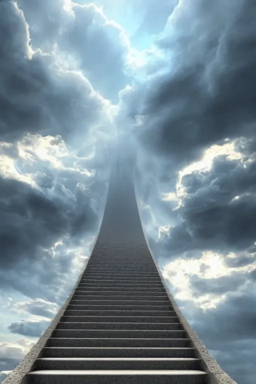 Image similar to infinite stairs rising to the heaven in the middle of the sky, concept art, octane render, unreal engine 5, digital painting, hyperrealistic, highly detailed, high quality, 8 k hdr, digital art, clouds in the sky, breathtaking view, path traced, god, godrays, beautiful, elegant, harmonious, complementary colors, natural lighting