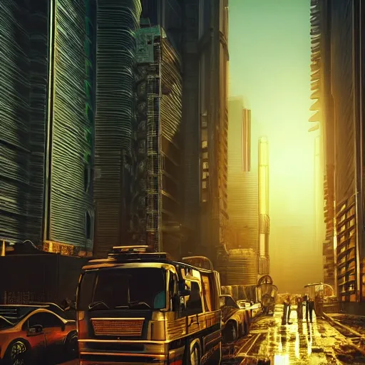 Image similar to cyberpunk cityscape like tokyo newyork street with tall buildings at dusk golden hour cinematic lighting, epic composition. A golden daylight, hyper-realistic environment. Hyper and intricate detail, photo-realistic. Cinematic and volumetric light. Epic concept art. Octane render and Unreal Engine, trending on artstation-H 768