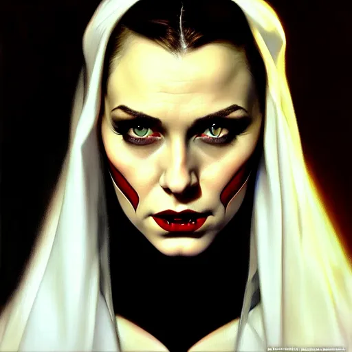 Image similar to close up face of a extremely beautiful bond female vampire portrait, Masterpiece, oil on canvas, artgerm, norman rockwell, craig mulins, trending on pxiv,