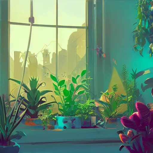 Image similar to lush solarpunk windowsill with plants on it, looking out toward a solarpunk cityscape, vignette of windowsill, detailed digital concept art by anton fadeev and marc simonetti, trending on artstation