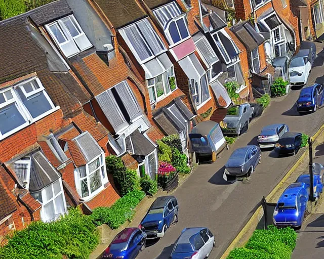 Prompt: view of a suburban british street from an upstairs window, sunny day, cars parked, 2006 photograph, colour