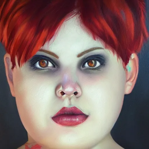 Image similar to beautiful oil painting of a fat woman with a red pixie cut, beautiful eyes, cute fact, volumetric lights, highly detailed, concept art, sharp focus, beautiful face