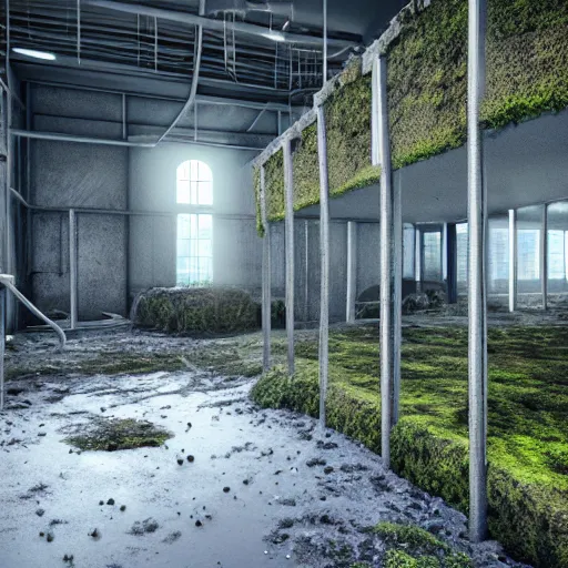 Prompt: an abandoned futuristic laboratory covered in moss and molds, highly detailed, 8k, octane render,