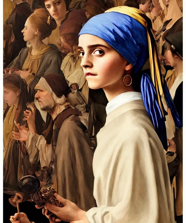 Image similar to Emma Watson as the girl with the pearl earring, highly detailed, digital painting, artstation, concept art, smooth, sharp focus, illustration, ArtStation, art by artgerm and greg rutkowski and alphonse mucha and J. C. Leyendecker and Edmund Blair Leighton and Katsuhiro Otomo and Geof Darrow and Phil hale and Ashley wood and Ilya repin and Charlie Bowater