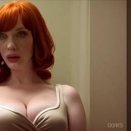 Prompt: a very surprised looking beautiful christina hendricks in a miniskirt in the living room, film still from the movie directed by denis villeneuve, wide lens